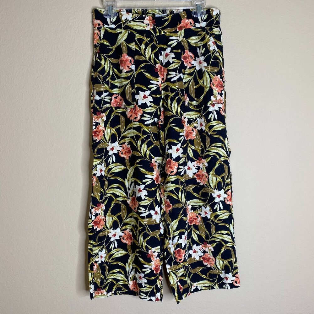 kensie floral linen wide leg crop pants